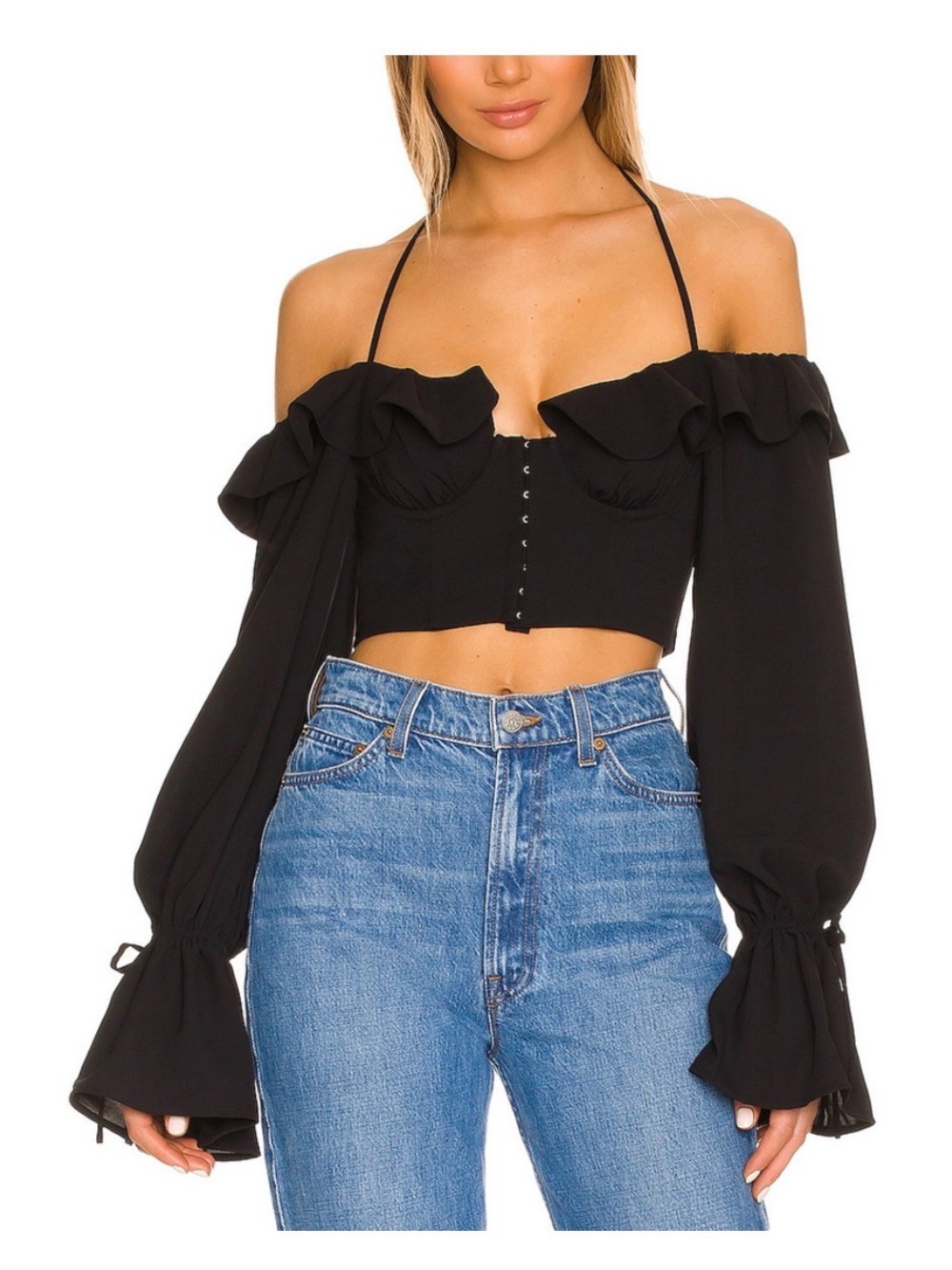REVOLVE MAJORELLE Stefano Bustier Top Black M Underwire Witchy Blouse BellSleeve